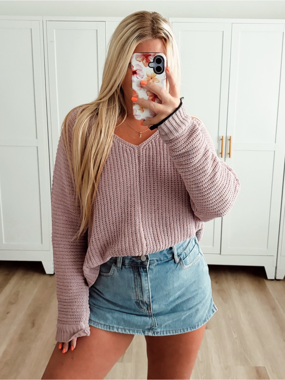 Pink knit v neck oversized sweater